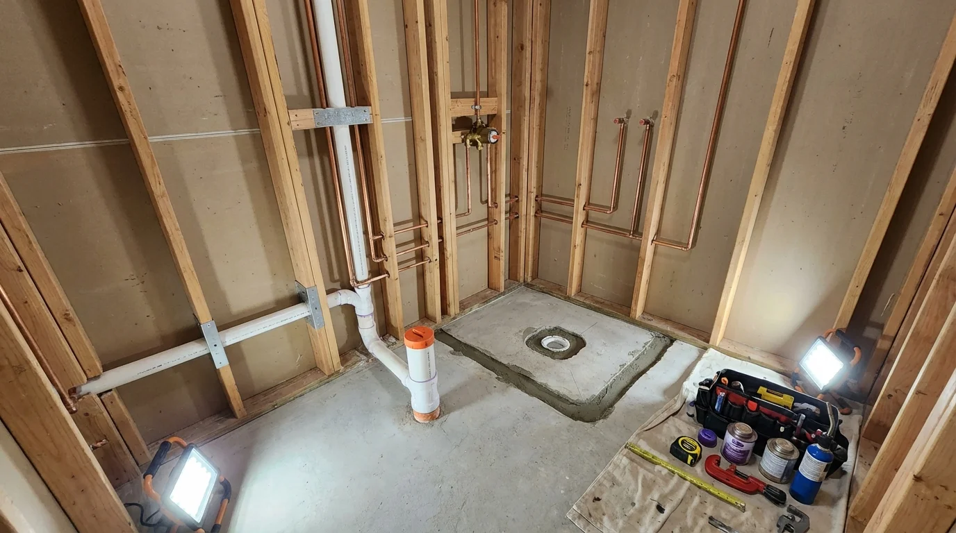 Bathroom rough-in plumbing during remodel by Johns Plumbing LLC in Terrace Park