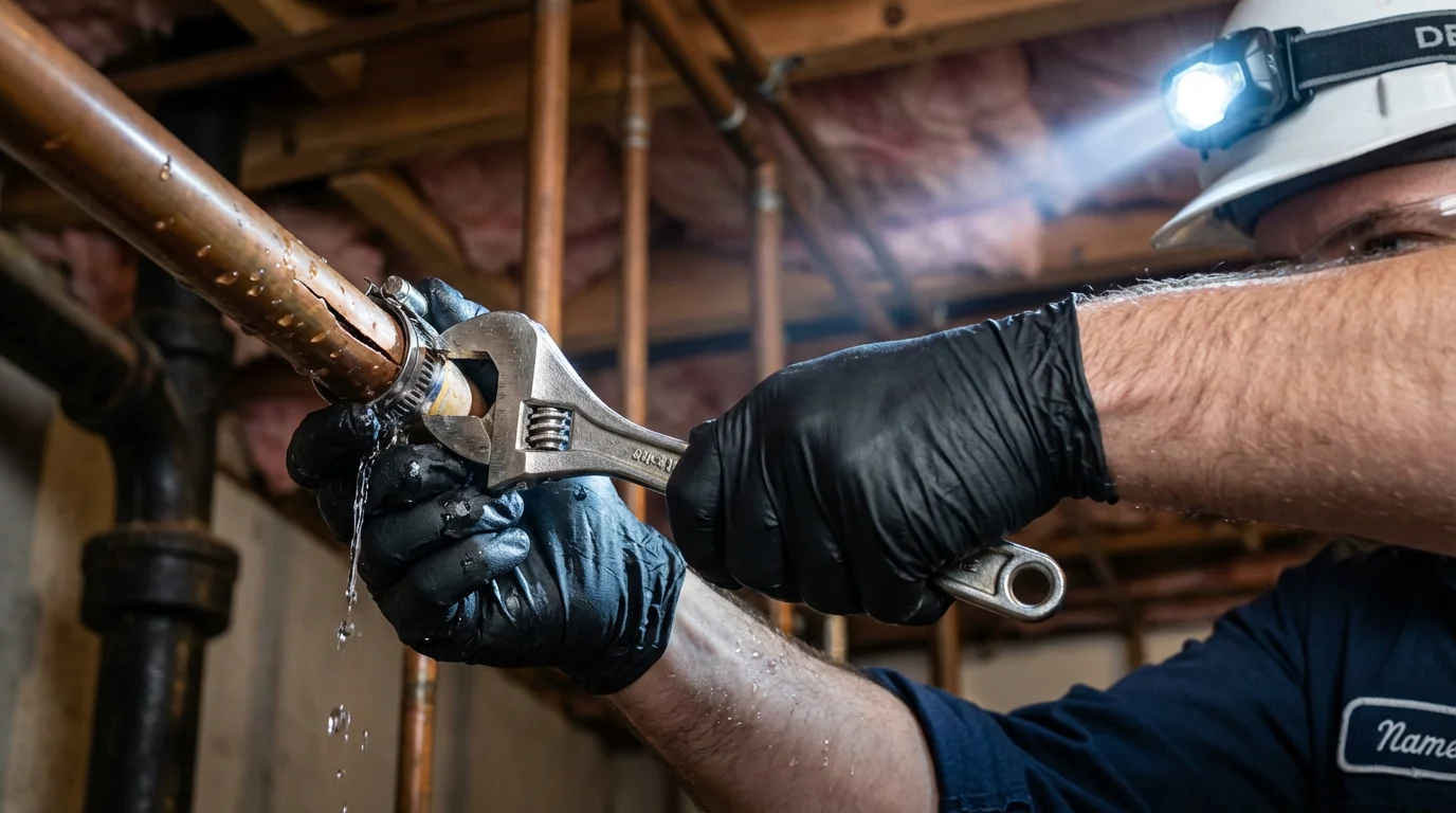 Emergency pipe clamp repair being performed by a Johns Plumbing LLC plumber in Terrace Park