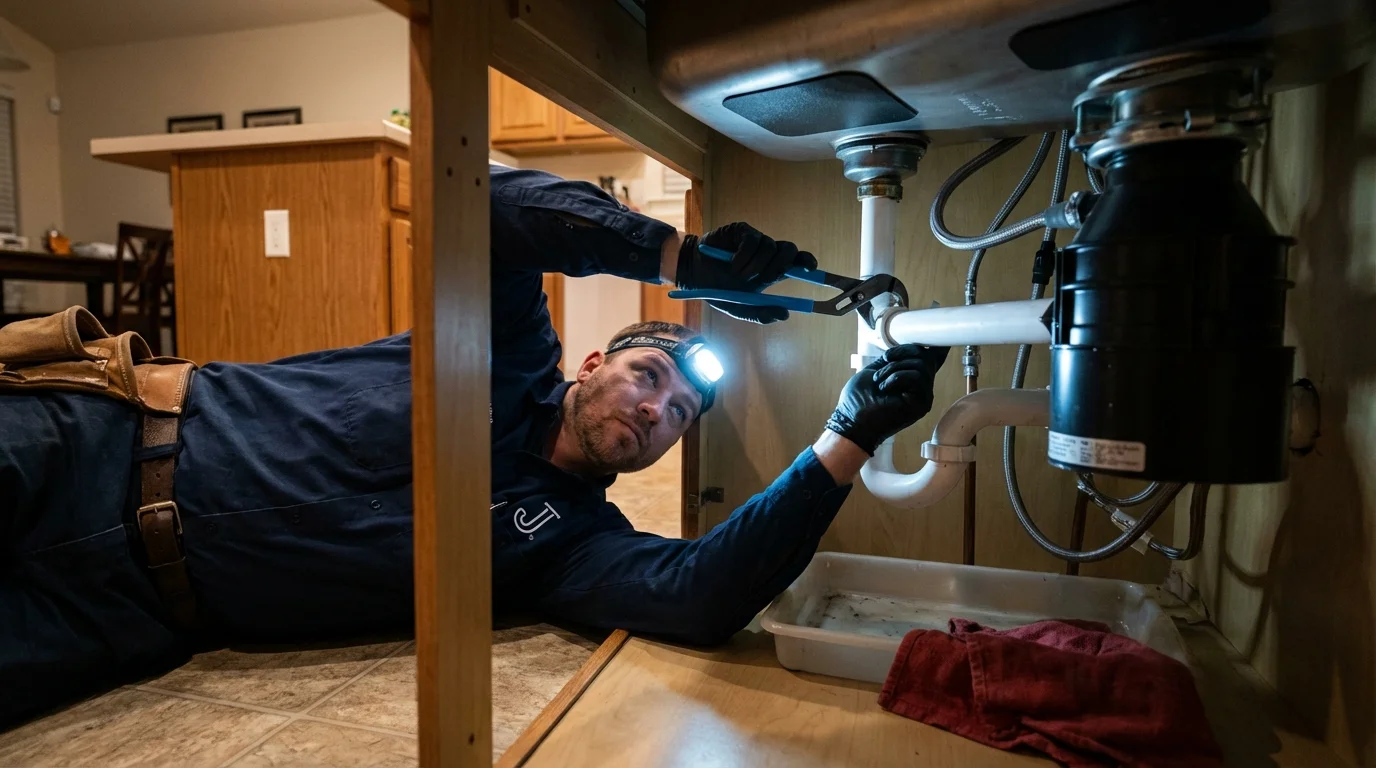 P-trap and supply line connections under a kitchen sink showing a common leak point in Terrace Park, OH